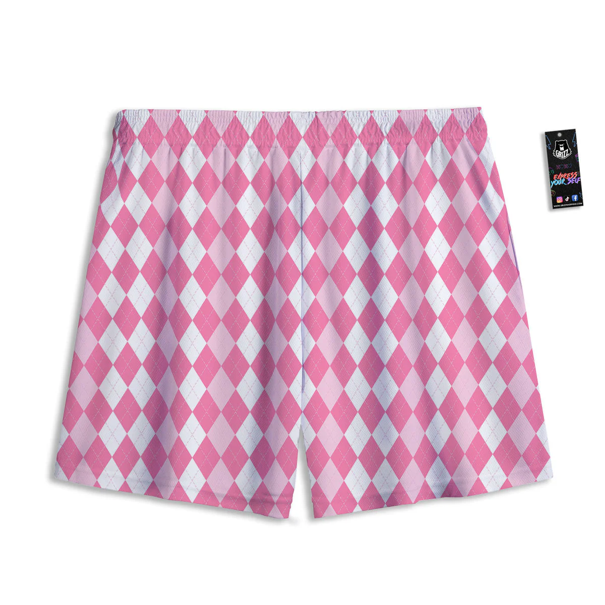 Argyle White And Pink Print Pattern Mesh Shorts - Image 2
