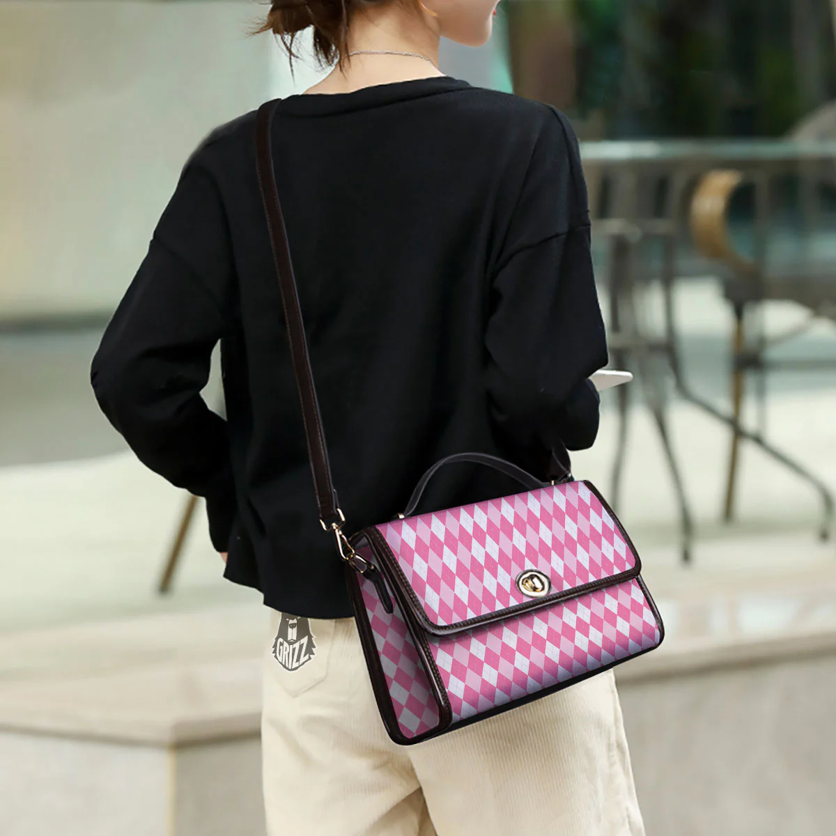 Argyle White And Pink Print Pattern Women's Satchel Bag - Image 3