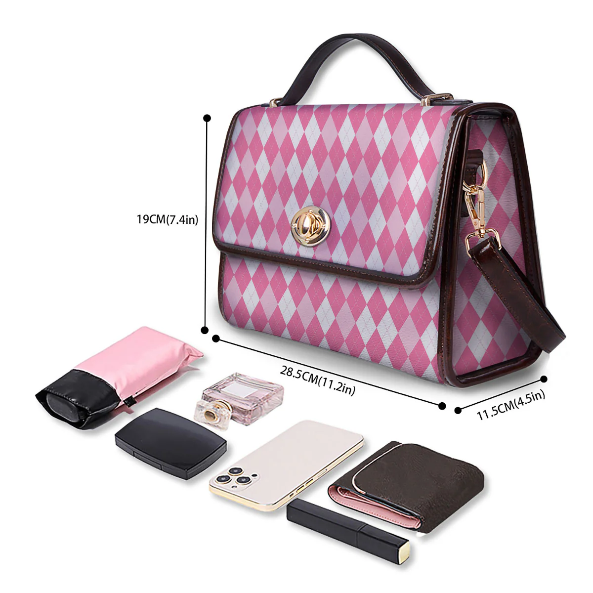 Argyle White And Pink Print Pattern Women's Satchel Bag - Image 4