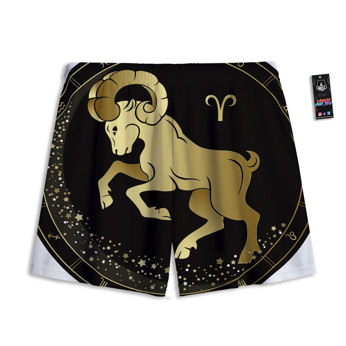 Aries Sign Black And Gold Print Mesh Shorts - Image 2
