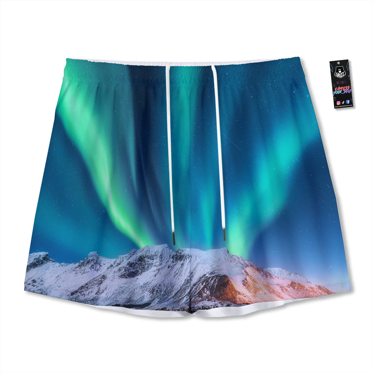 Aurora Green Northern Lights Print Mesh Shorts