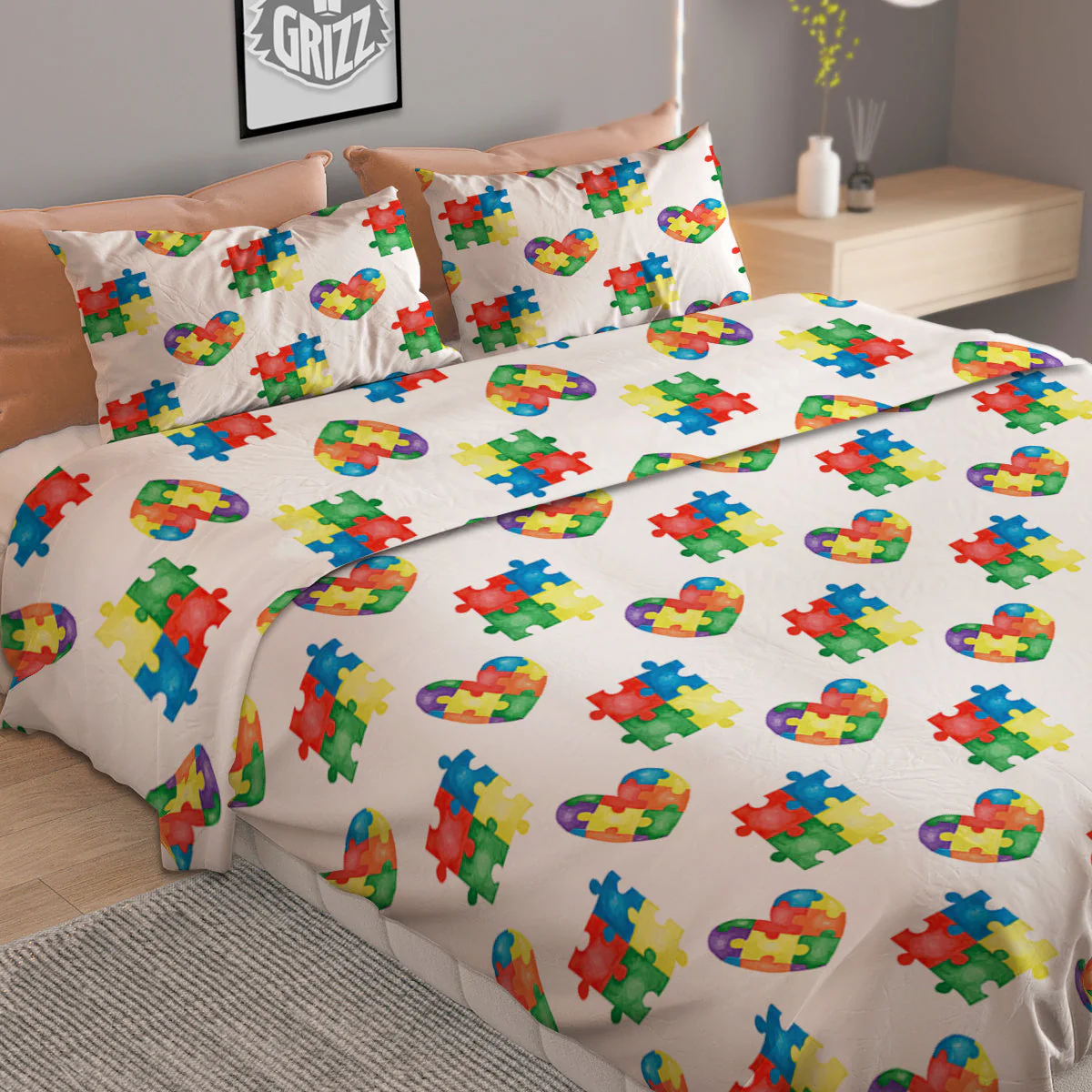 Autism Awareness Heart Print Pattern Duvet Cover Bedding Set - Image 2