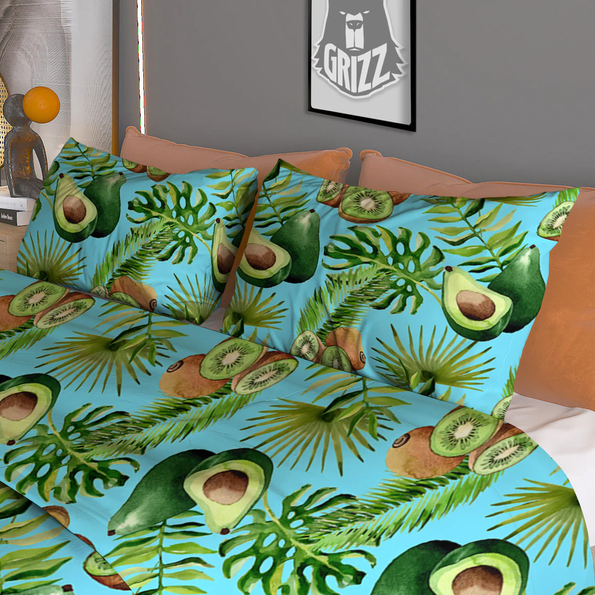 Avocado And Watercolor Kiwi Print Pattern Duvet Cover Bedding Set - Image 3