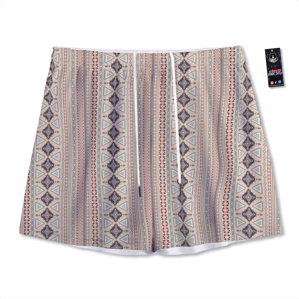 Aztec Beige Print Pattern Mesh Shorts