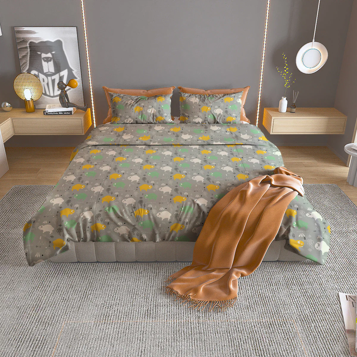 Aztec Bison Print Pattern Duvet Cover Bedding Set