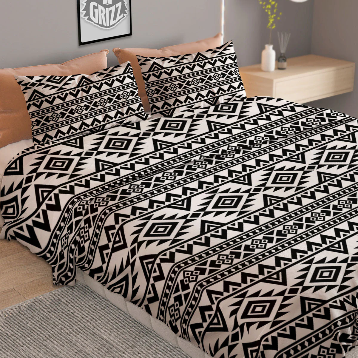Aztec Black Ethnic Print Pattern Duvet Cover Bedding Set - Image 2