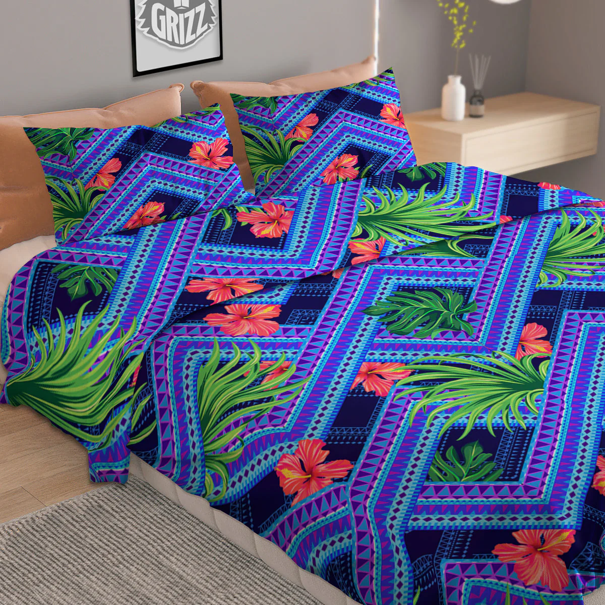 Aztec Tropical Hibiscus Flower Print Pattern Duvet Cover Bedding Set - Image 2
