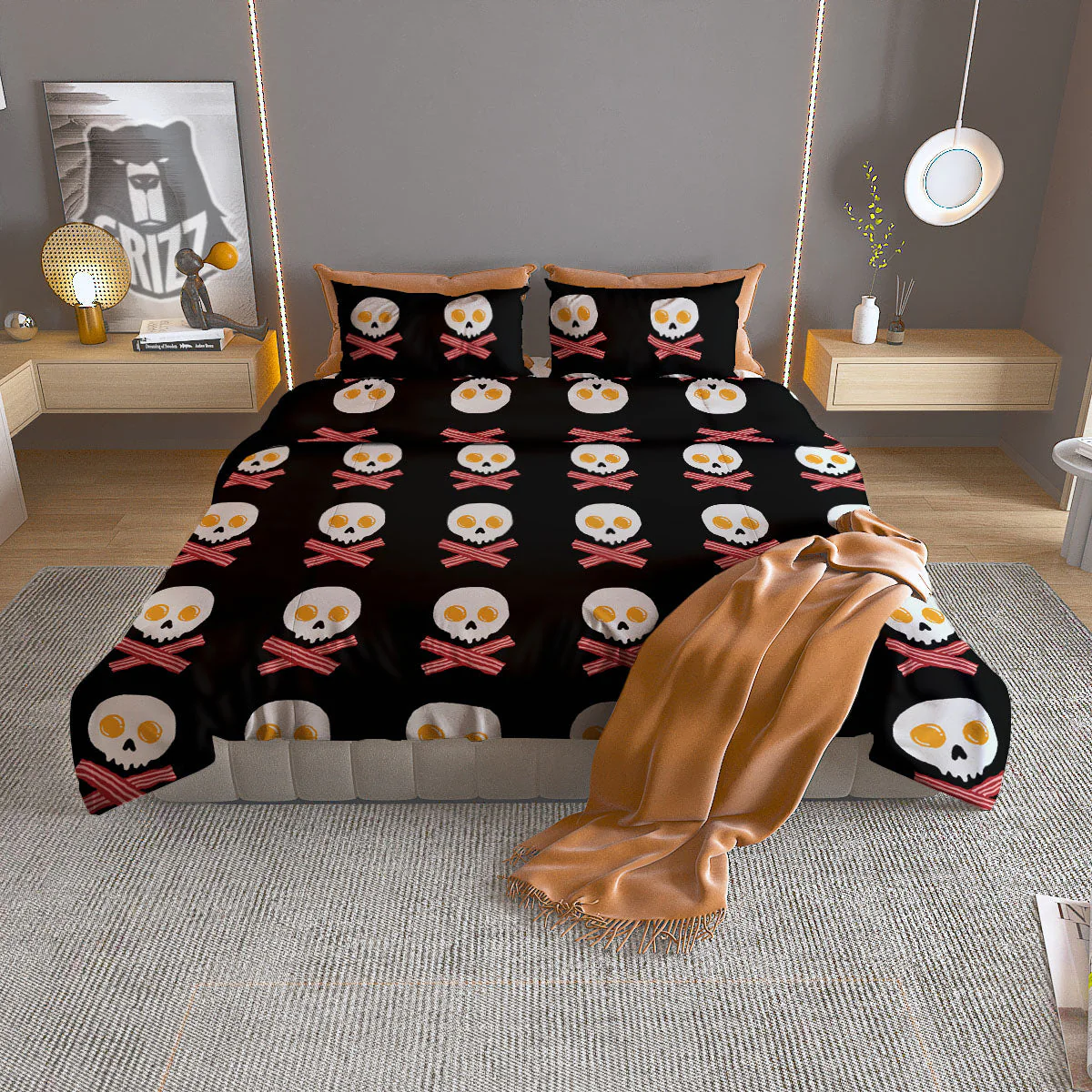 Bacon And Skull Fried Egg Print Pattern Duvet Cover Bedding Set