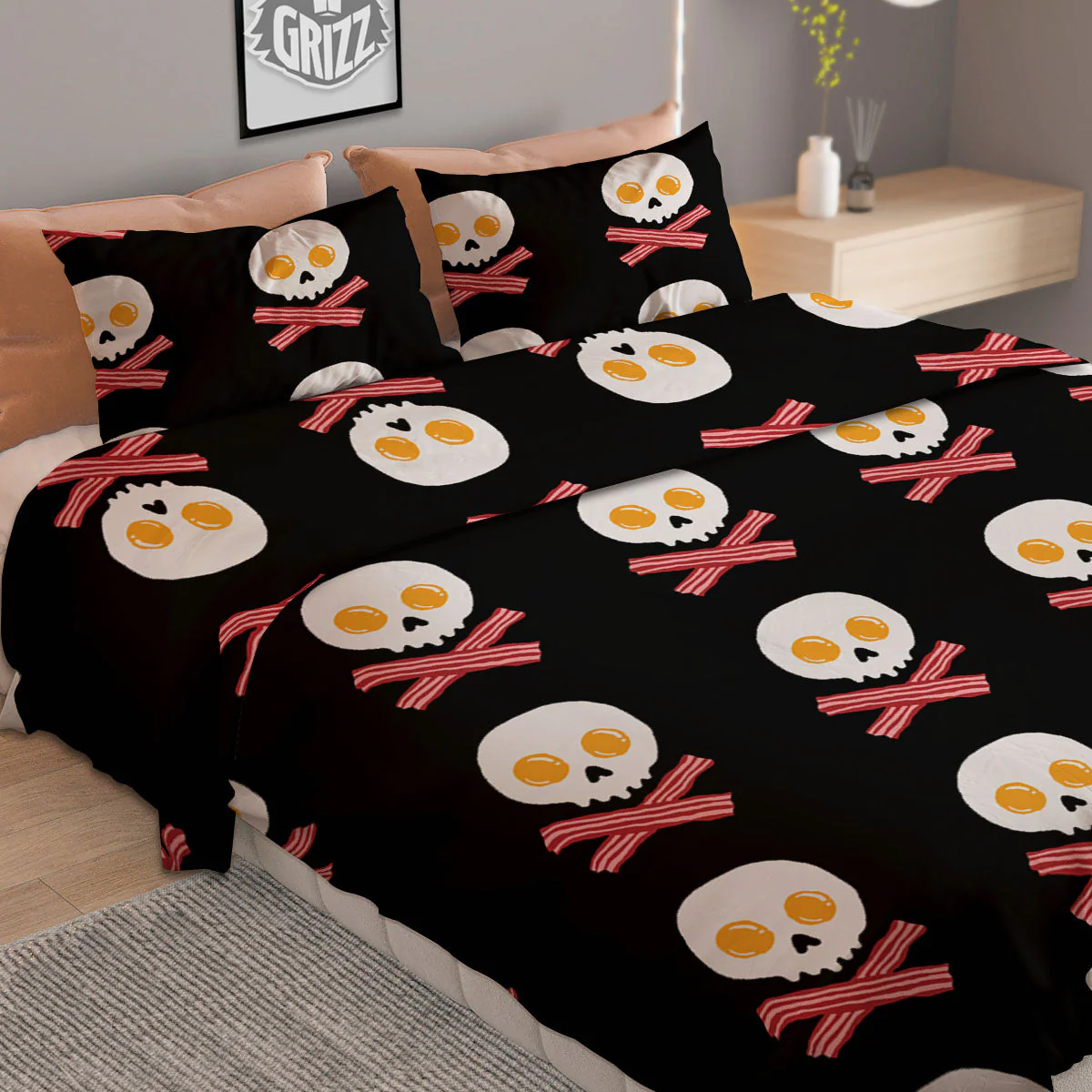 Bacon And Skull Fried Egg Print Pattern Duvet Cover Bedding Set - Image 2