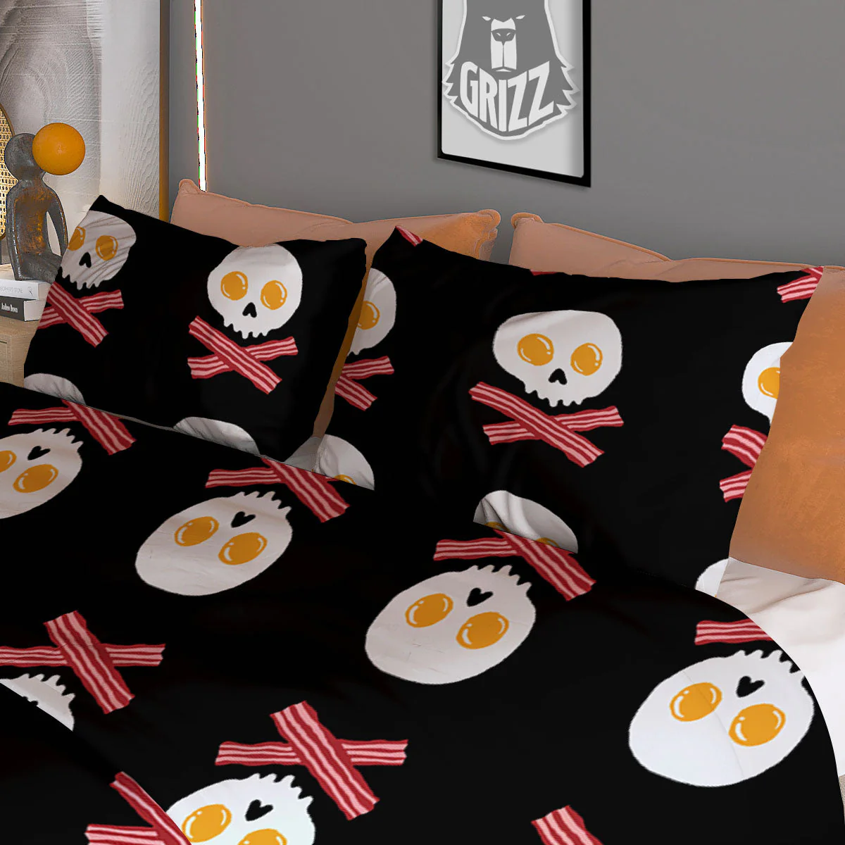 Bacon And Skull Fried Egg Print Pattern Duvet Cover Bedding Set - Image 3