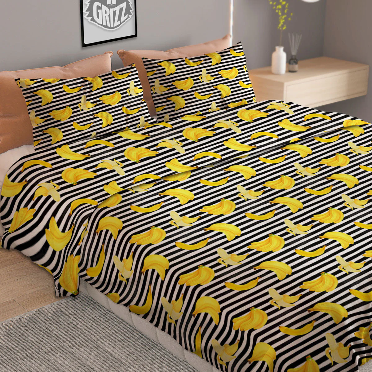 Banana Black Striped Print Pattern Duvet Cover Bedding Set - Image 2