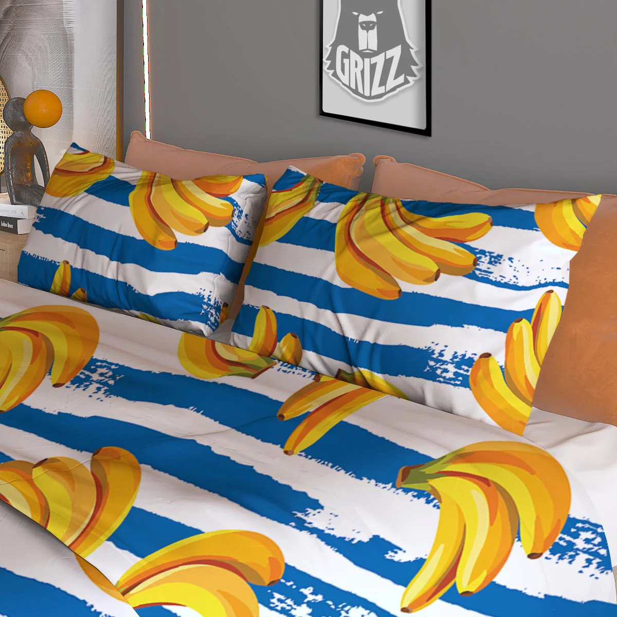 Banana Blue And White Striped Print Pattern Duvet Cover Bedding Set - Image 3