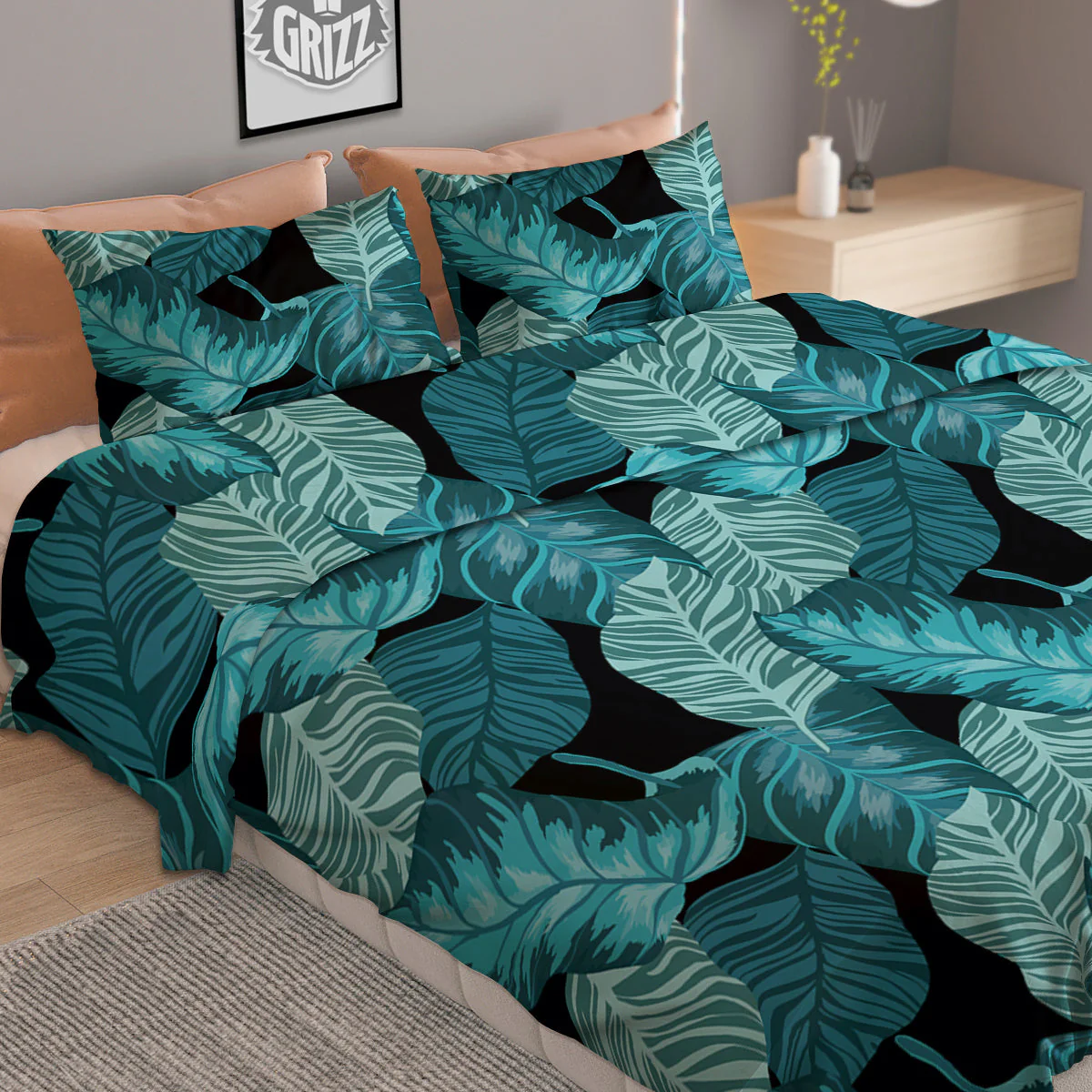 Banana Leaf Turquoise Print Pattern Duvet Cover Bedding Set - Image 2