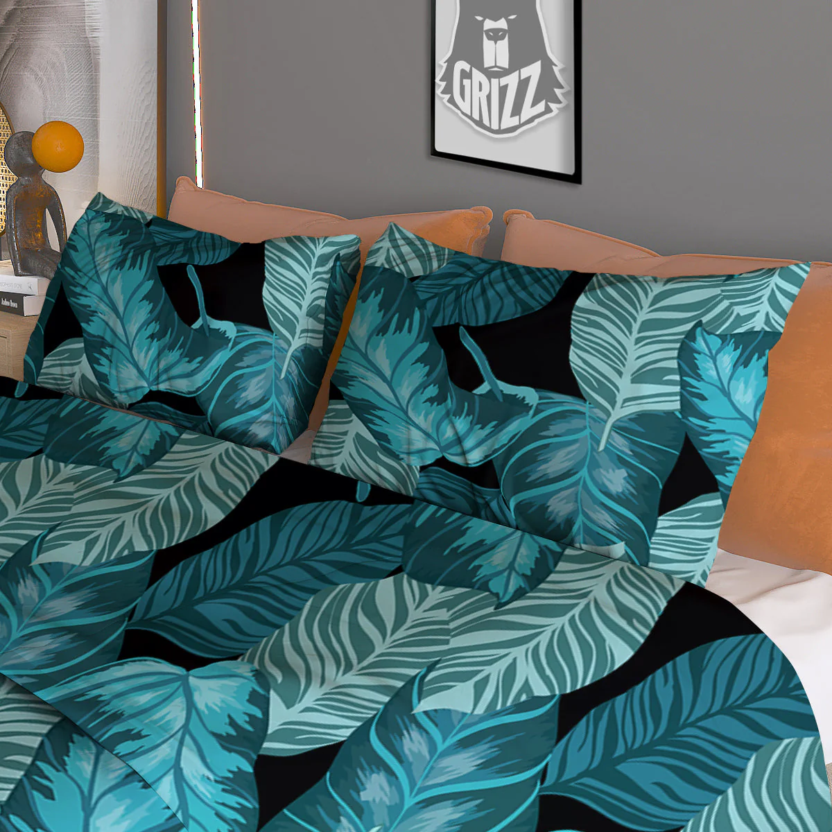 Banana Leaf Turquoise Print Pattern Duvet Cover Bedding Set - Image 3