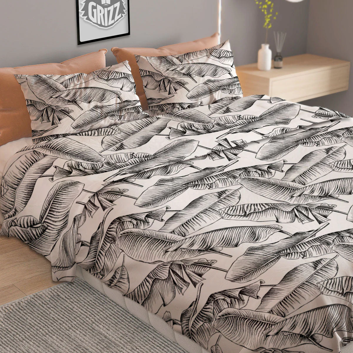 Banana Leaf White And Black Print Duvet Cover Bedding Set - Image 2