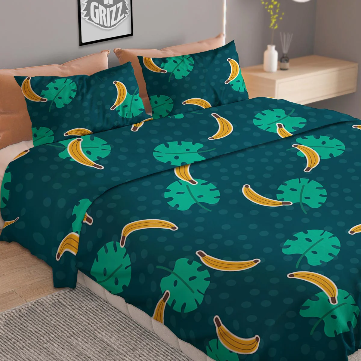 Banana Teal Print Pattern Duvet Cover Bedding Set - Image 2