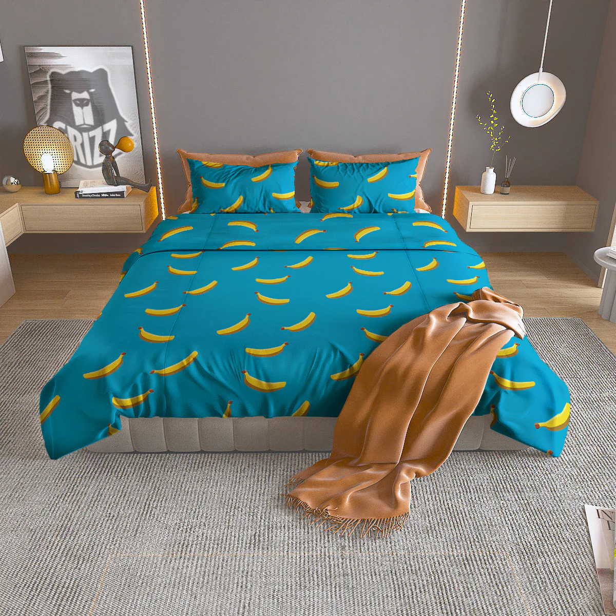 Banana Turquoise Print Pattern Duvet Cover Bedding Set