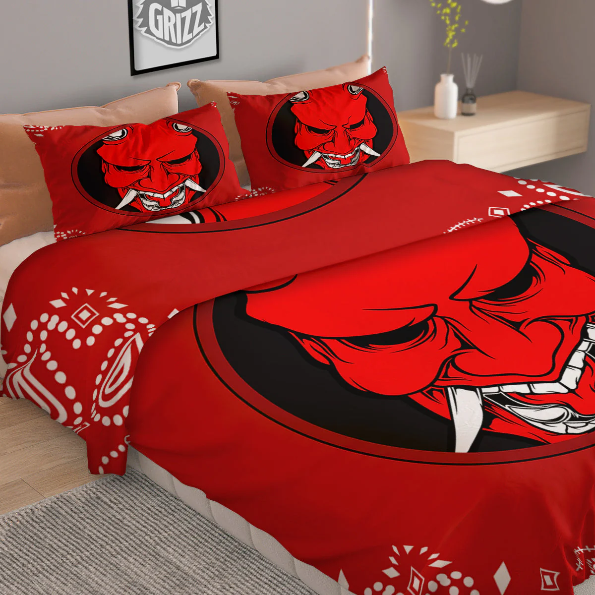 Bandana Red Hannya Demon Print Duvet Cover Bedding Set - Image 2