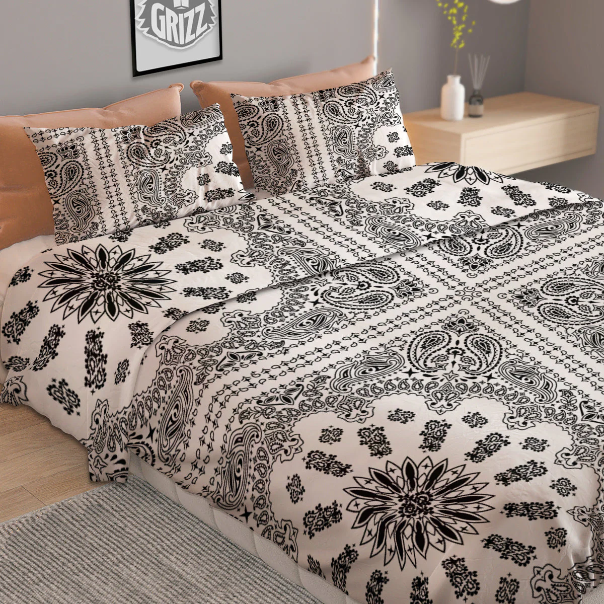Bandana White And Black Paisley Print Pattern Duvet Cover Bedding Set - Image 2