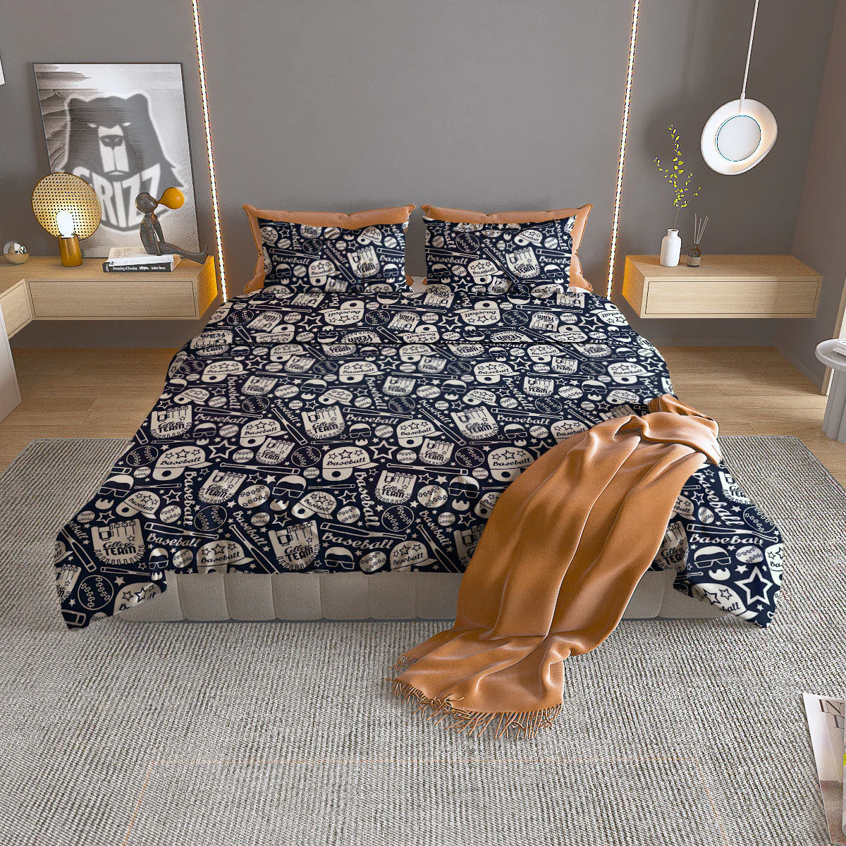 Baseball Black Print Pattern Duvet Cover Bedding Set