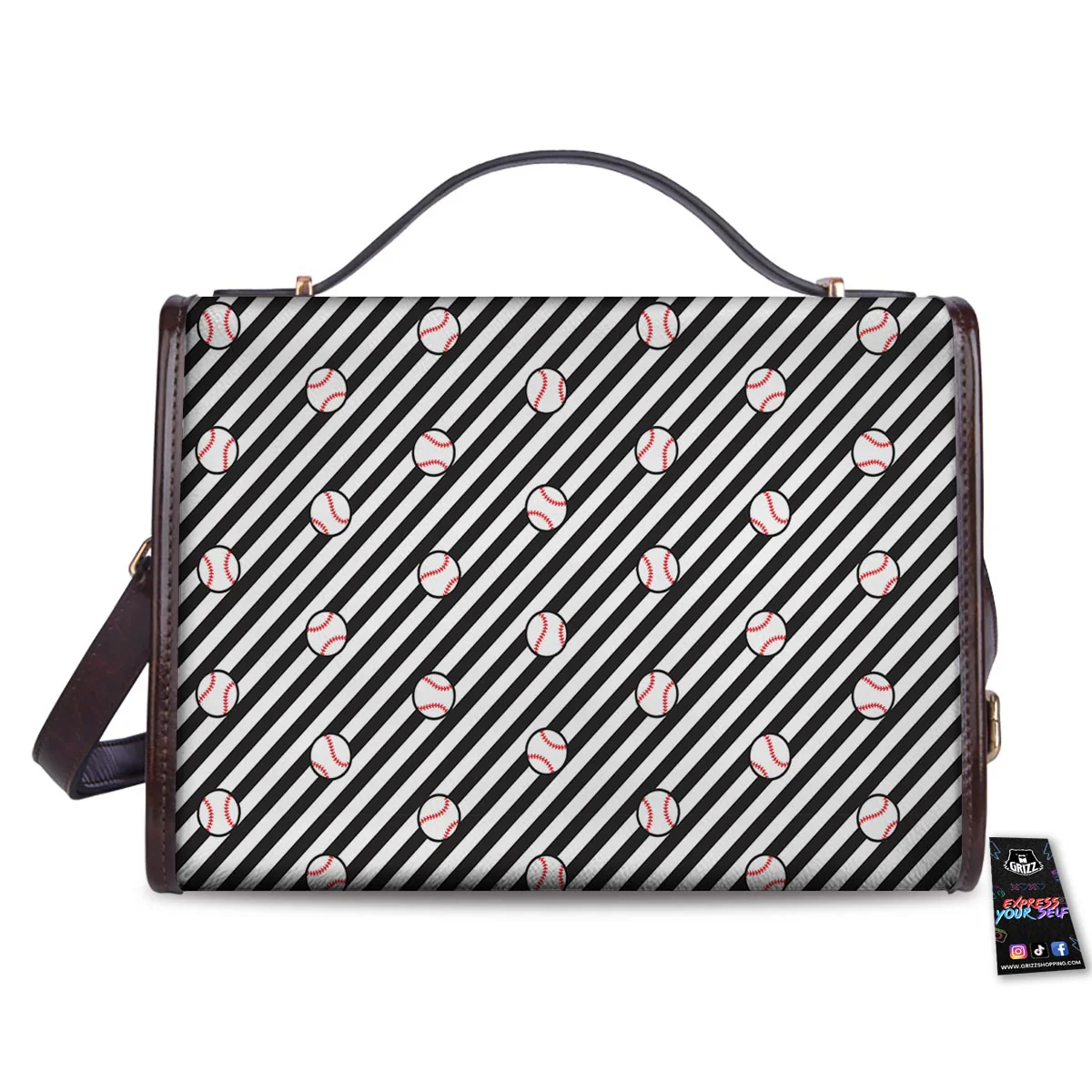 Baseball Black Striped Print Pattern Women's Satchel Bag - Image 2