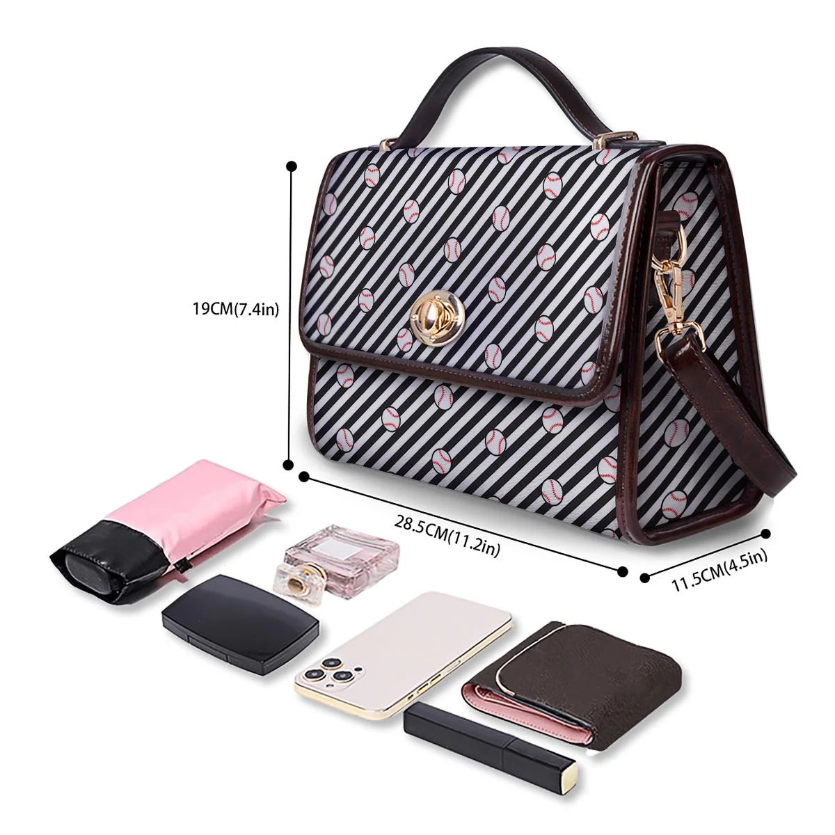 Baseball Black Striped Print Pattern Women's Satchel Bag - Image 4