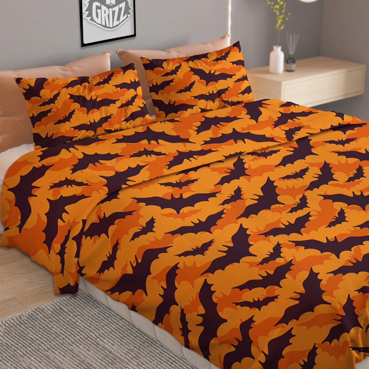 Bats Black And Orange Print Pattern Duvet Cover Bedding Set - Image 2