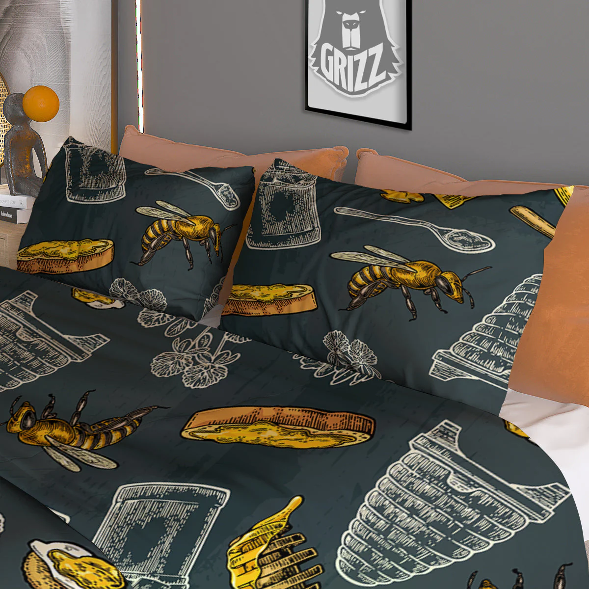 Bee Honey Vintage Print Pattern Duvet Cover Bedding Set - Image 3