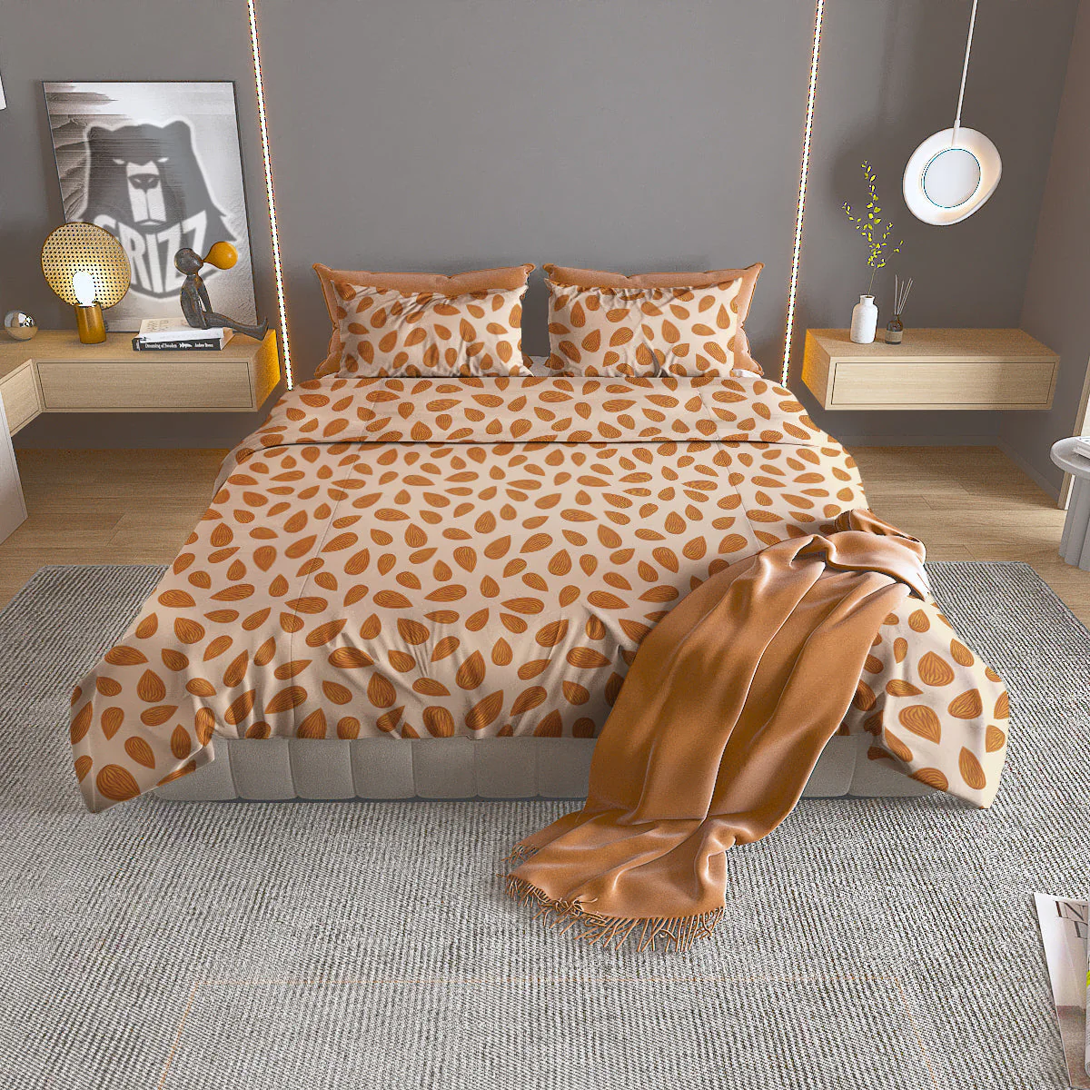 Beige Almond Print Pattern Duvet Cover Bedding Set