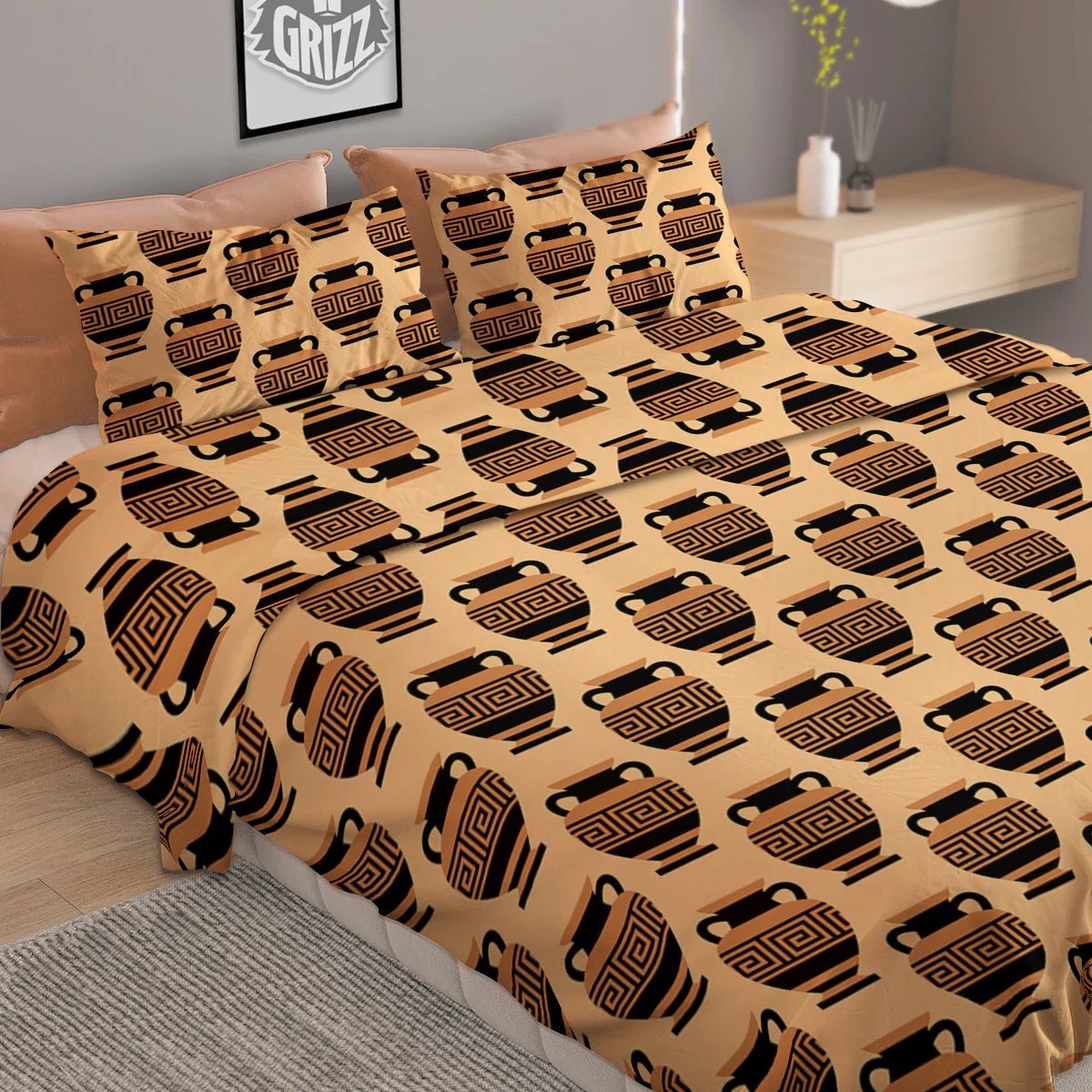 Beige Amphora Greek Print Pattern Duvet Cover Bedding Set - Image 2