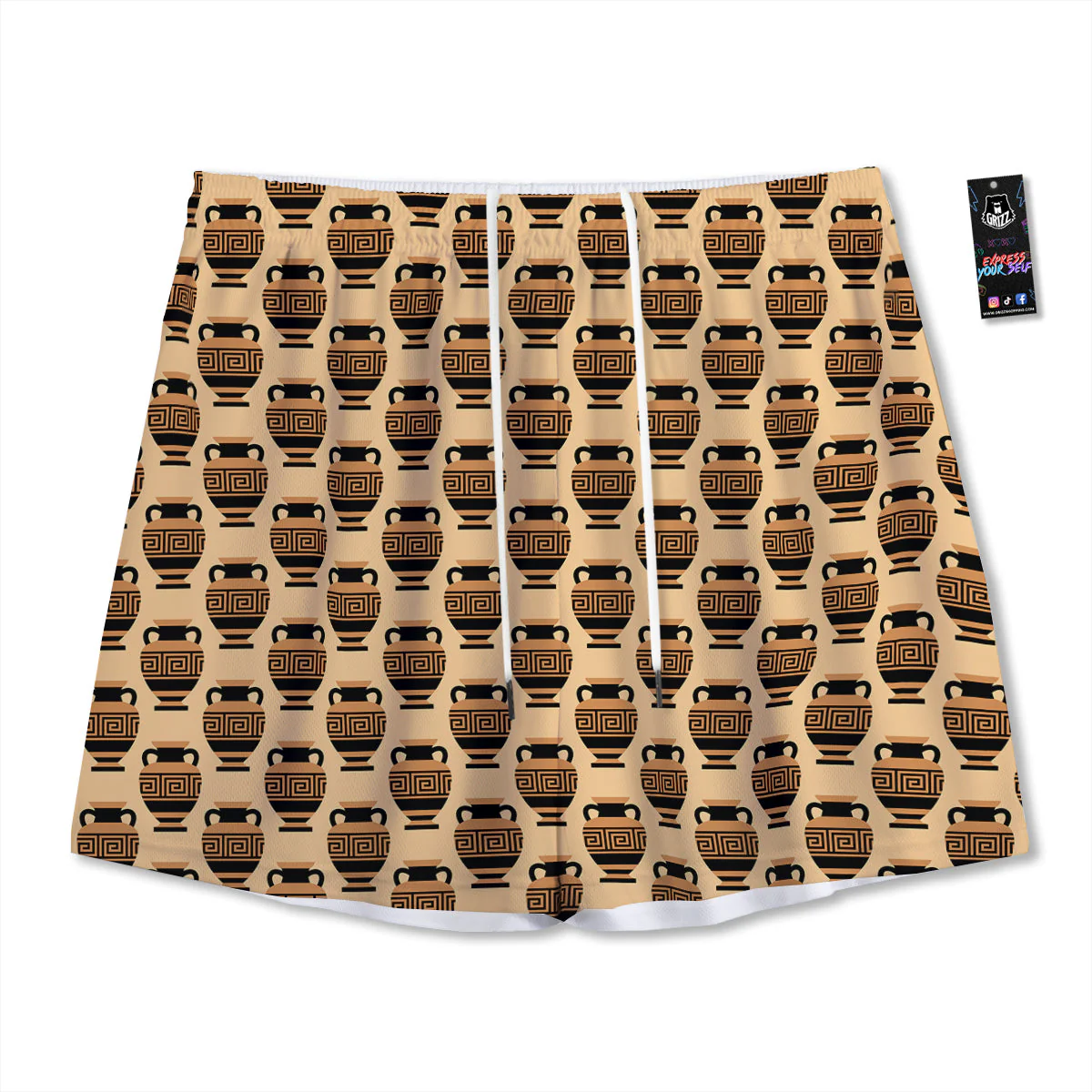 Beige Amphora Greek Print Pattern Mesh Shorts