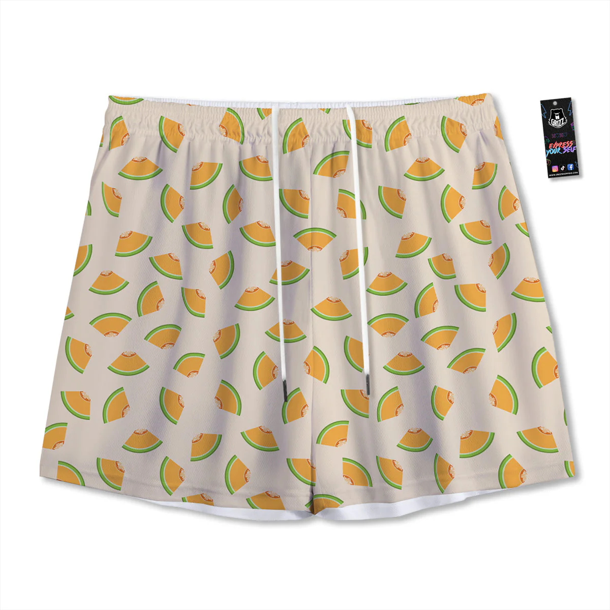 Beige And Melon Print Pattern Mesh Shorts