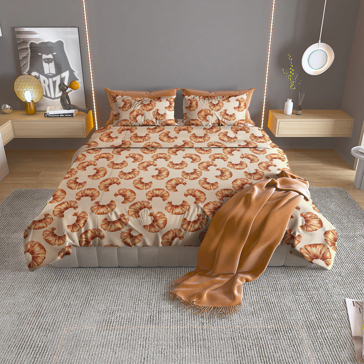 Beige Croissant Watercolor Print Pattern Duvet Cover Bedding Set