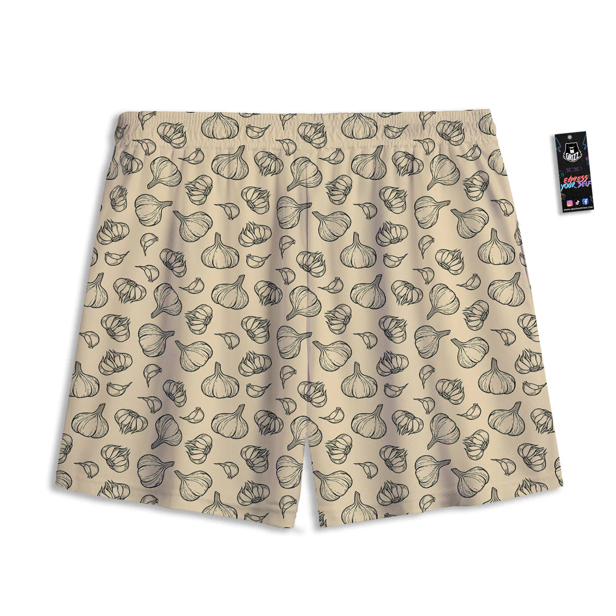 Beige Drawing Garlic Print Pattern Mesh Shorts - Image 2