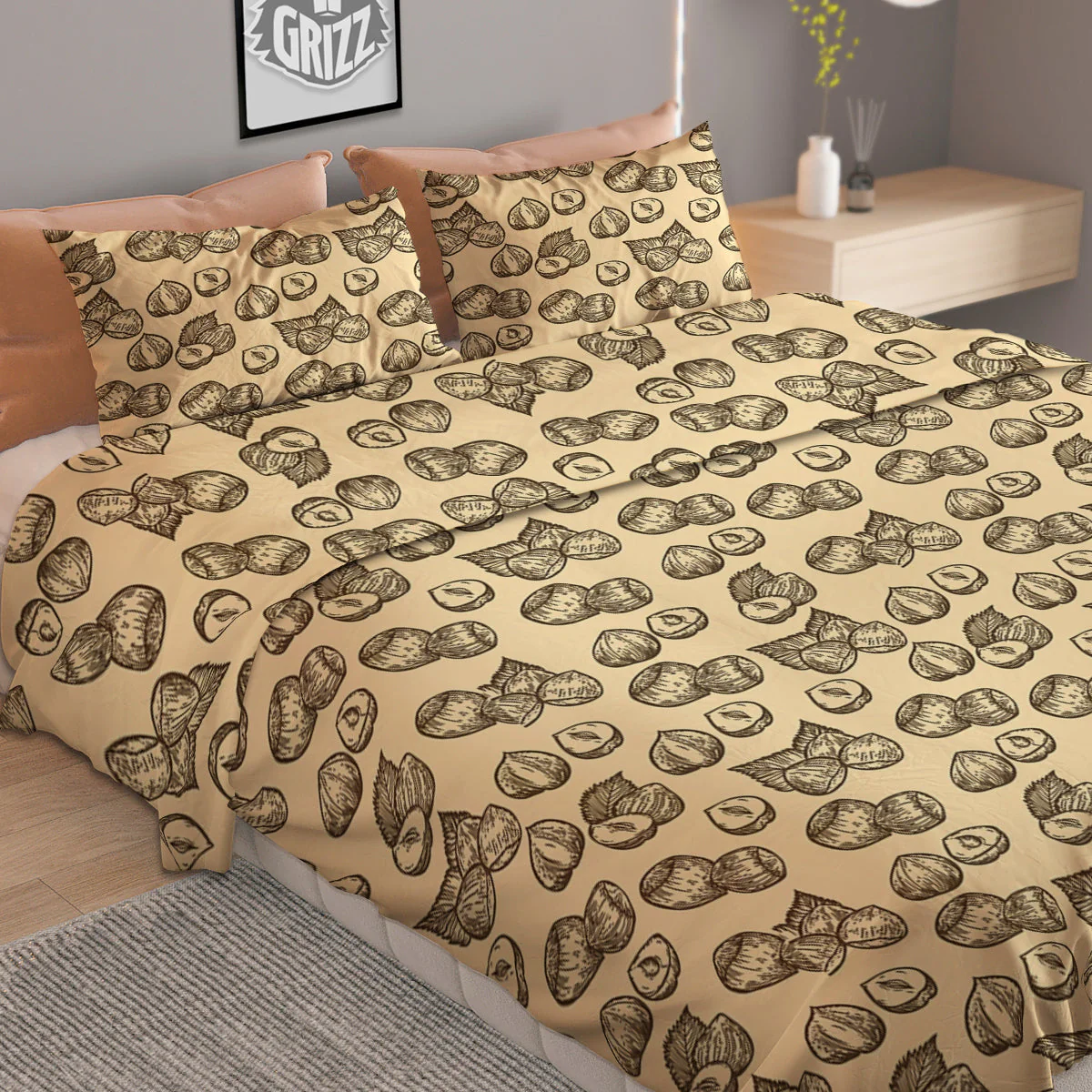 Beige Hazelnuts Print Pattern Duvet Cover Bedding Set - Image 2