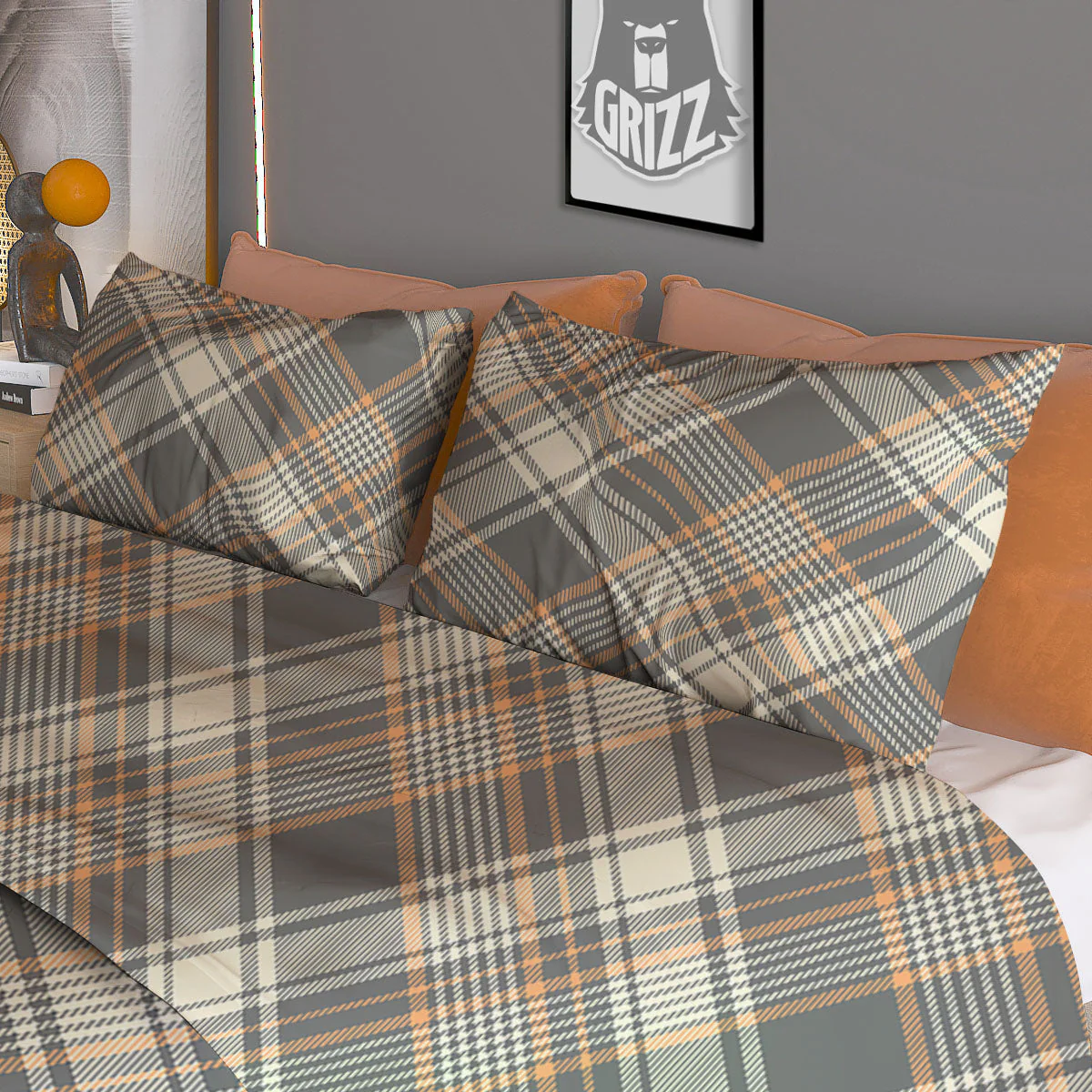Beige Plaid And Grey Print Pattern Duvet Cover Bedding Set - Image 3