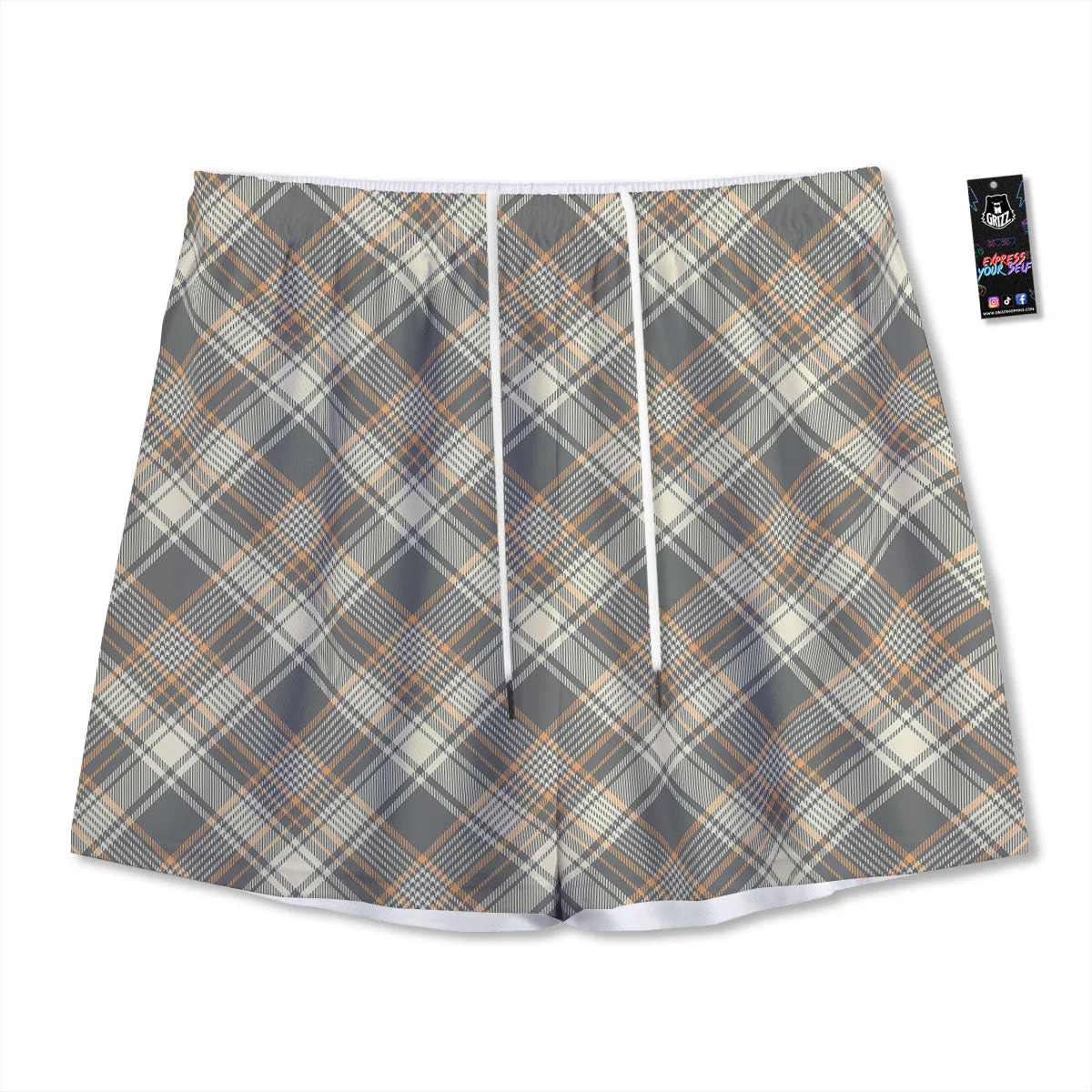 Beige Plaid And Grey Print Pattern Mesh Shorts