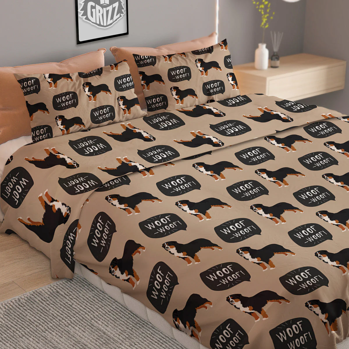 Bernese Brown Woof Woof Print Pattern Duvet Cover Bedding Set - Image 2