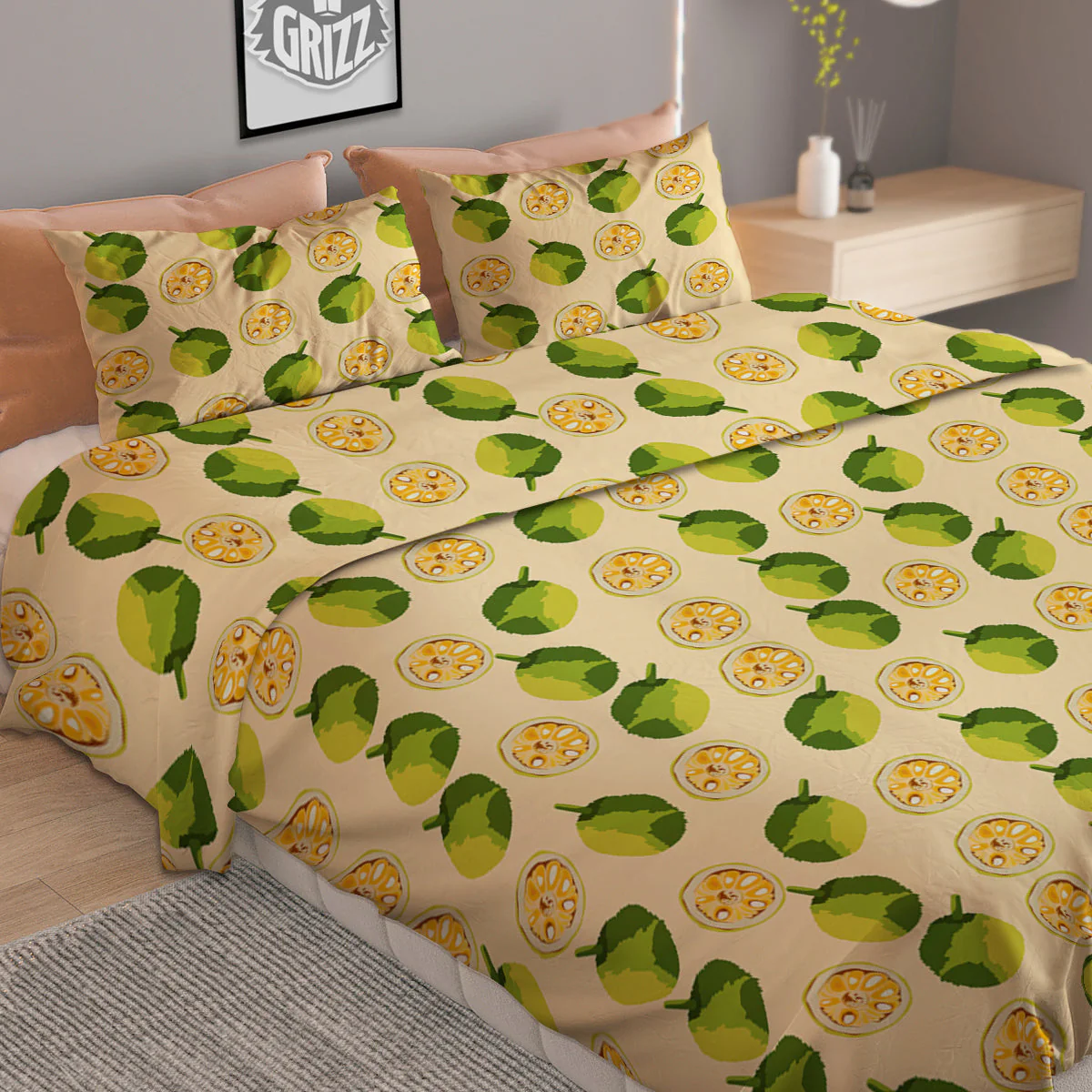 Biege Jackfruit Print Pattern Duvet Cover Bedding Set - Image 2