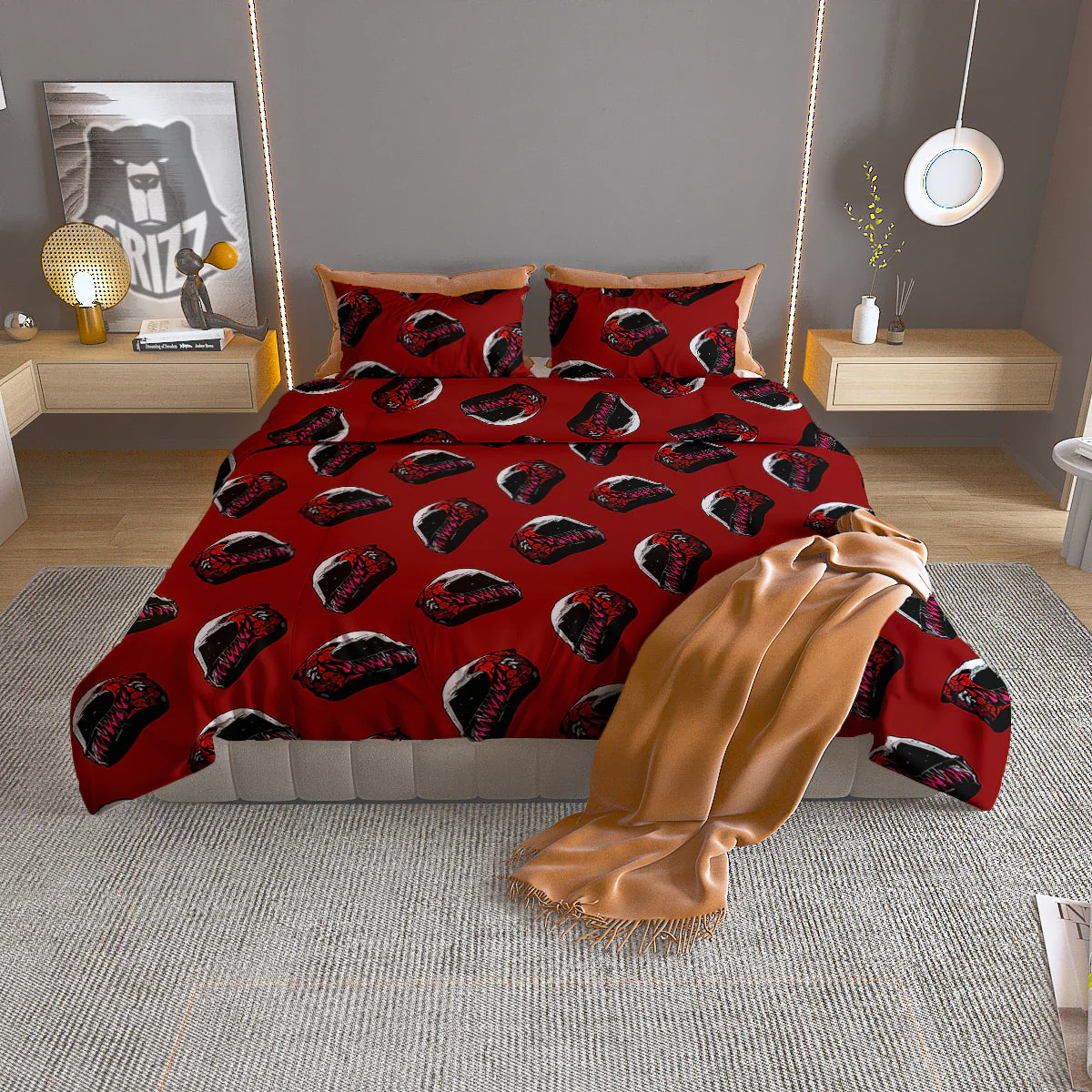 Biker Helmet Devil Print Pattern Duvet Cover Bedding Set