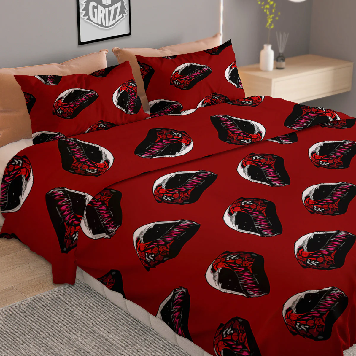 Biker Helmet Devil Print Pattern Duvet Cover Bedding Set - Image 2