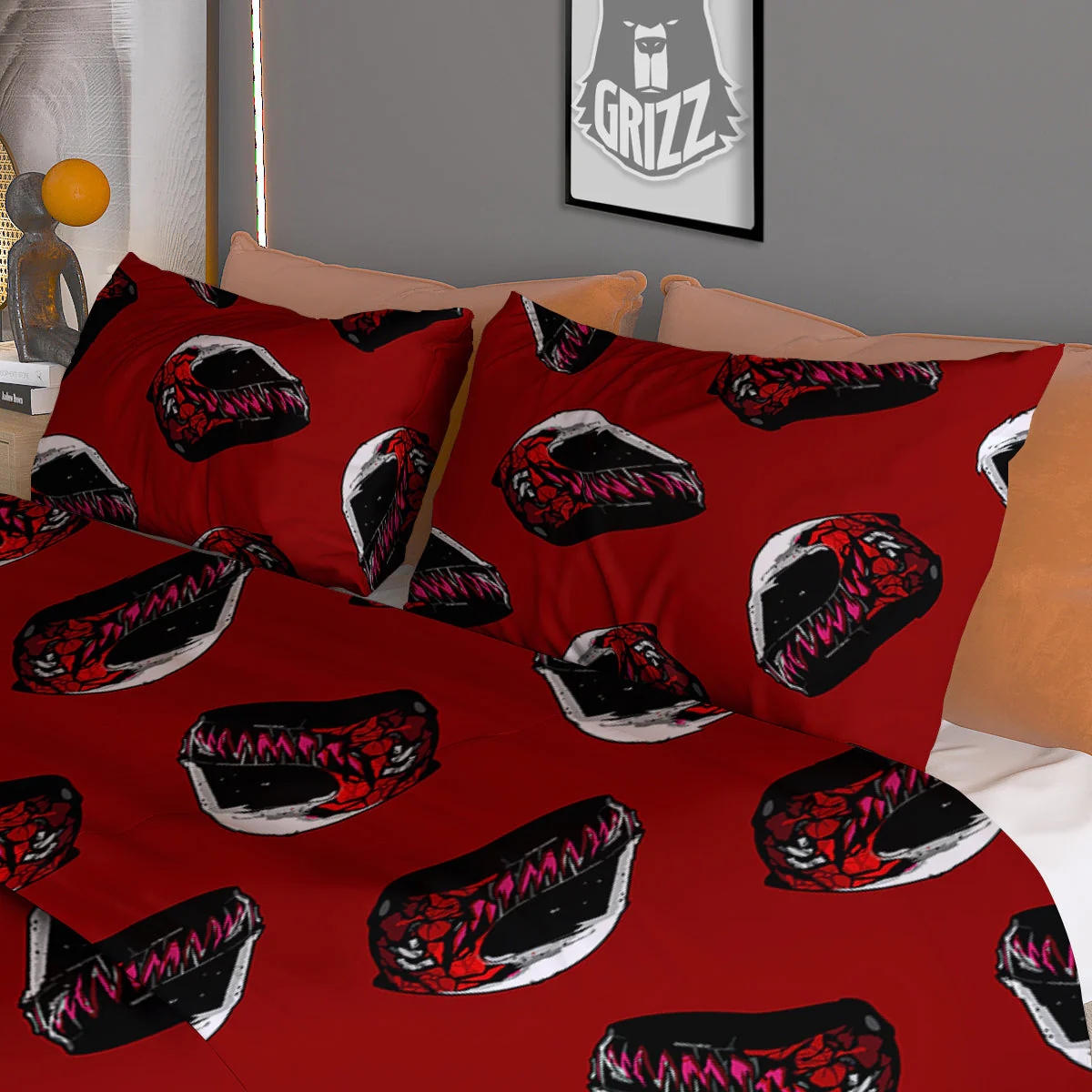 Biker Helmet Devil Print Pattern Duvet Cover Bedding Set - Image 3