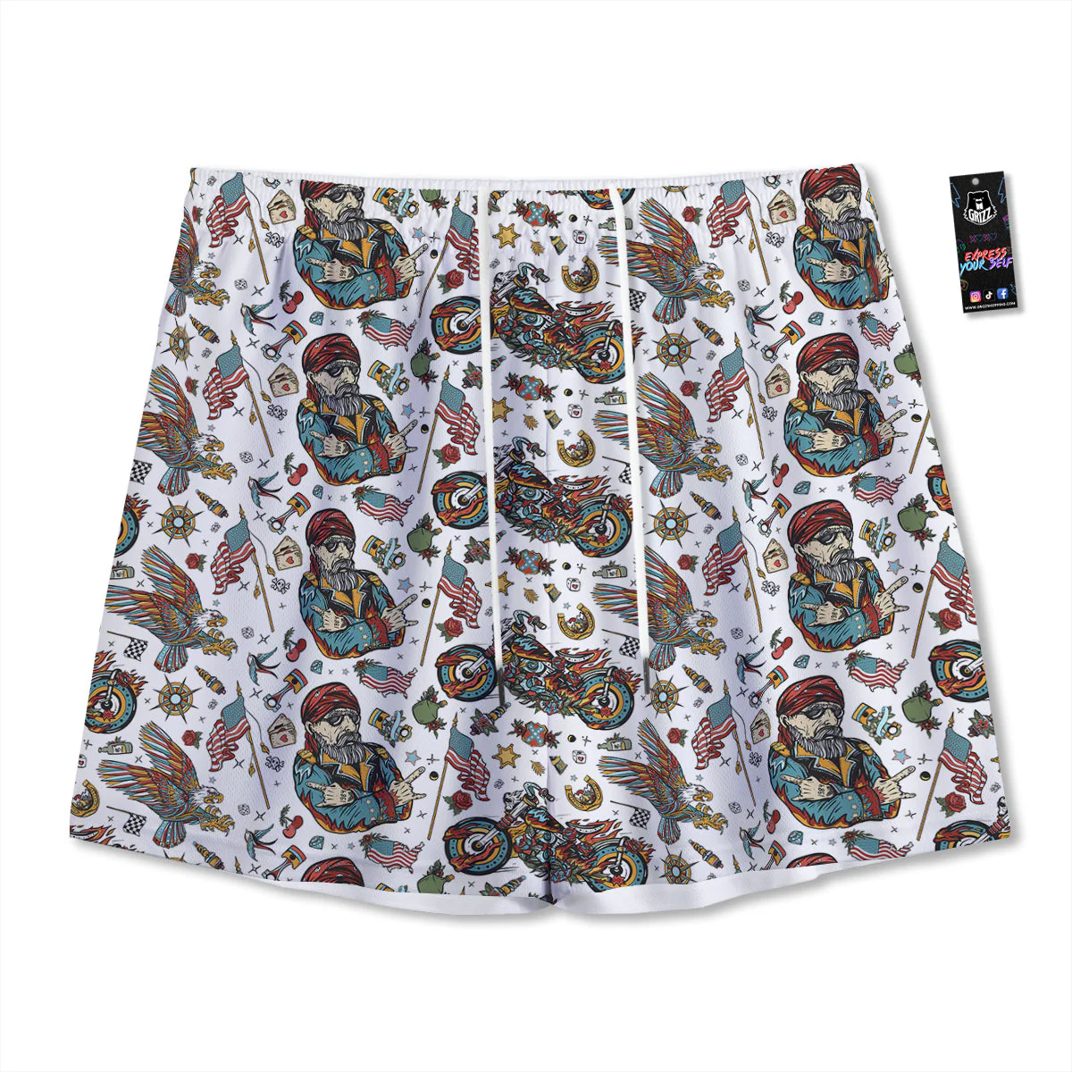 Bikers Old School Tattoo Print Pattern Mesh Shorts