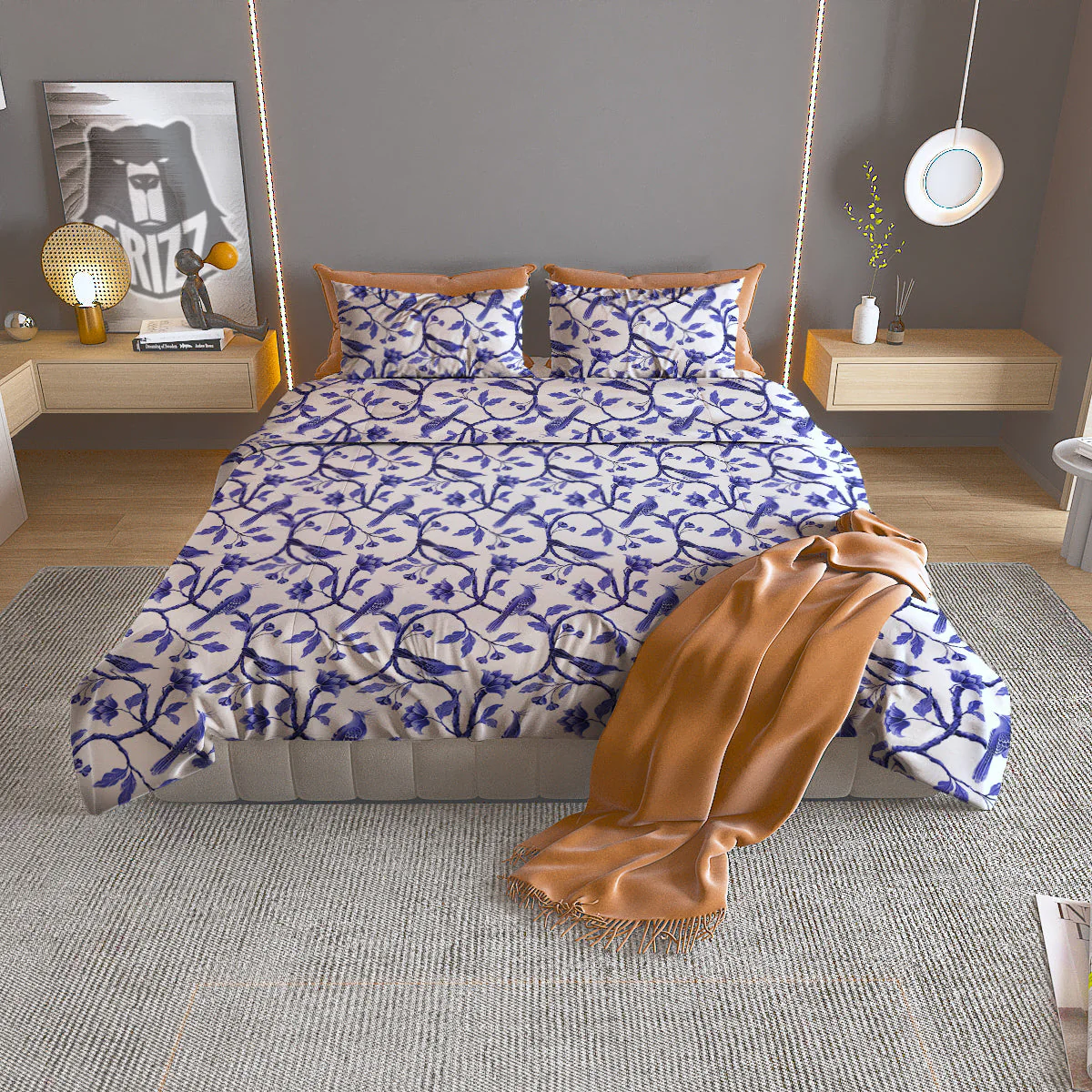 Bird Chinoiserie Print Pattern Duvet Cover Bedding Set
