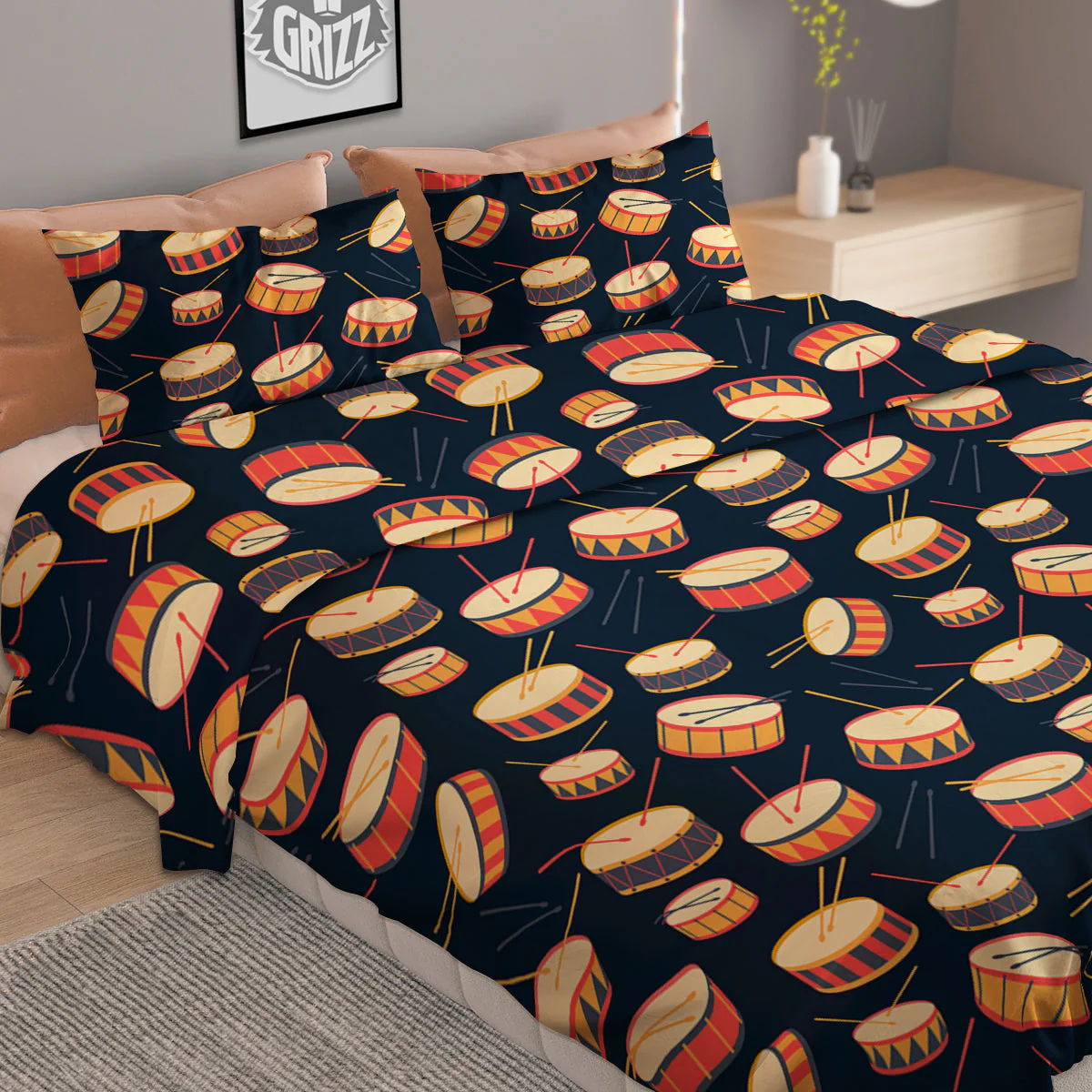 Black And Beige Drum Print Pattern Duvet Cover Bedding Set - Image 2