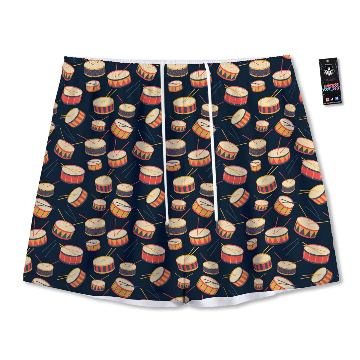 Black And Beige Drum Print Pattern Mesh Shorts