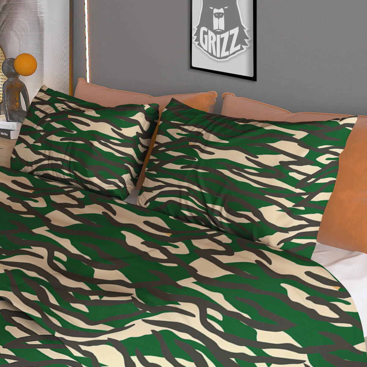 Black And Green Tiger Stripe Camo Print Duvet Cover Bedding Set - Image 3