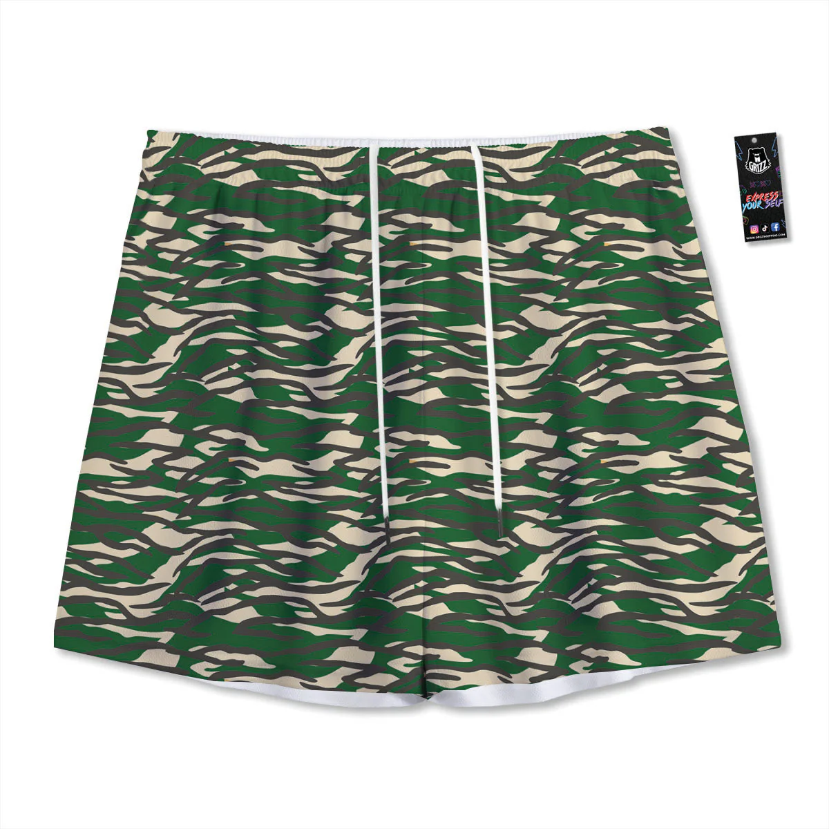 Black And Green Tiger Stripe Camo Print Mesh Shorts