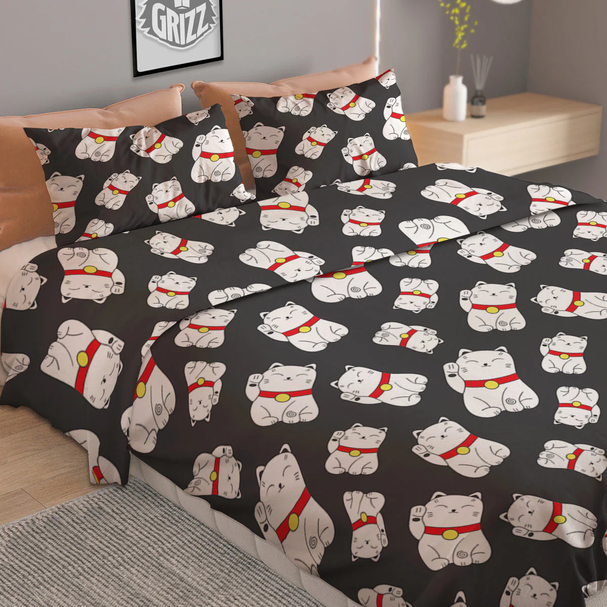 Black And Lucky Cat  Print Pattern Duvet Cover Bedding Set - Image 2
