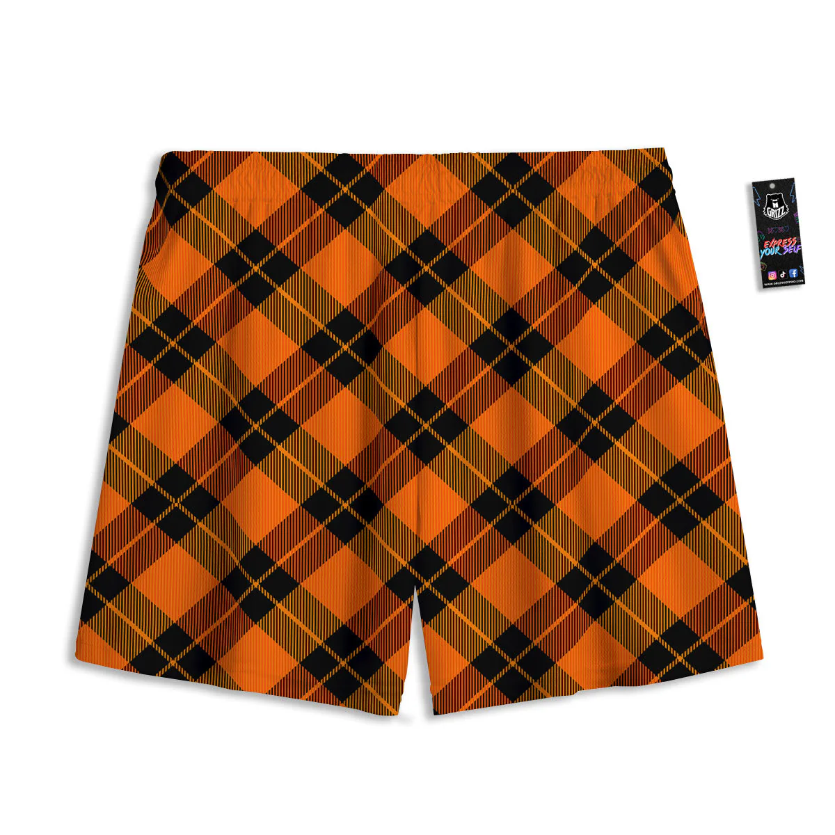 Black And Orange Plaid Print Pattern Mesh Shorts - Image 2